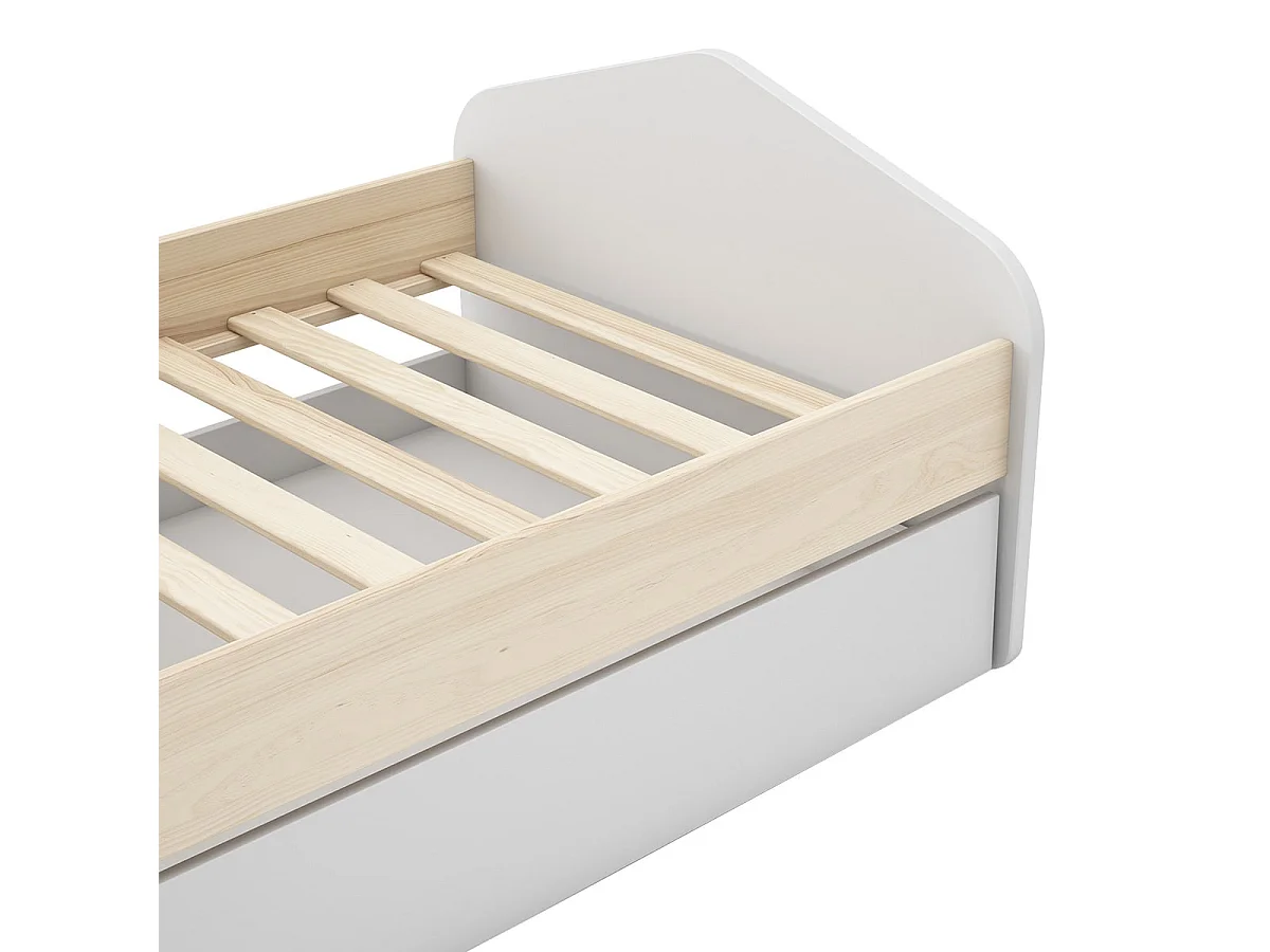 KAINA - Lit 90x200cm avec Tiroir en MDF et Pin Coloris Blanc et Naturel