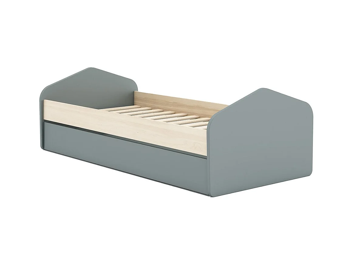 KAINA - Lit 90x200cm avec Tiroir en MDF et Pin Coloris Gris Vert et Naturel