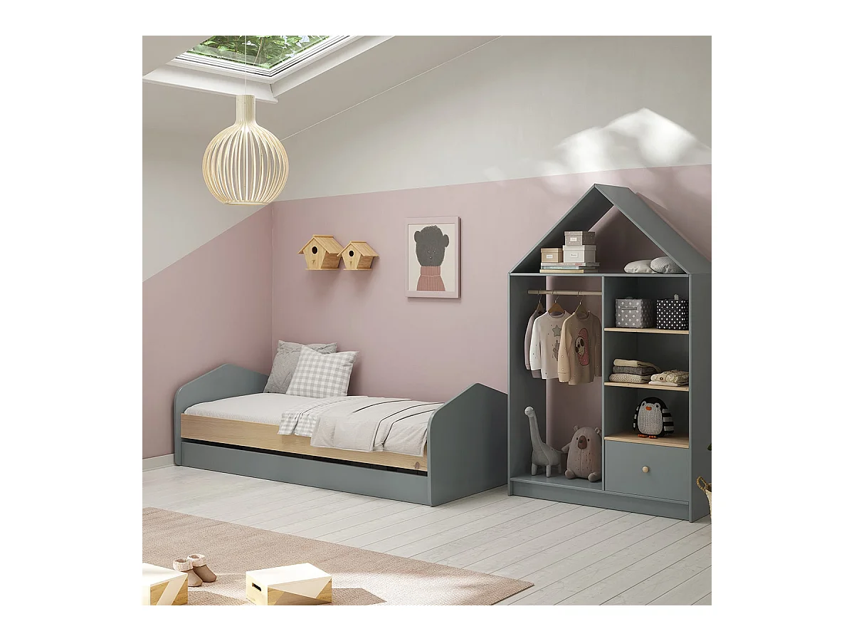 KAINA - Lit 90x200cm avec Tiroir en MDF et Pin Coloris Gris Vert et Naturel