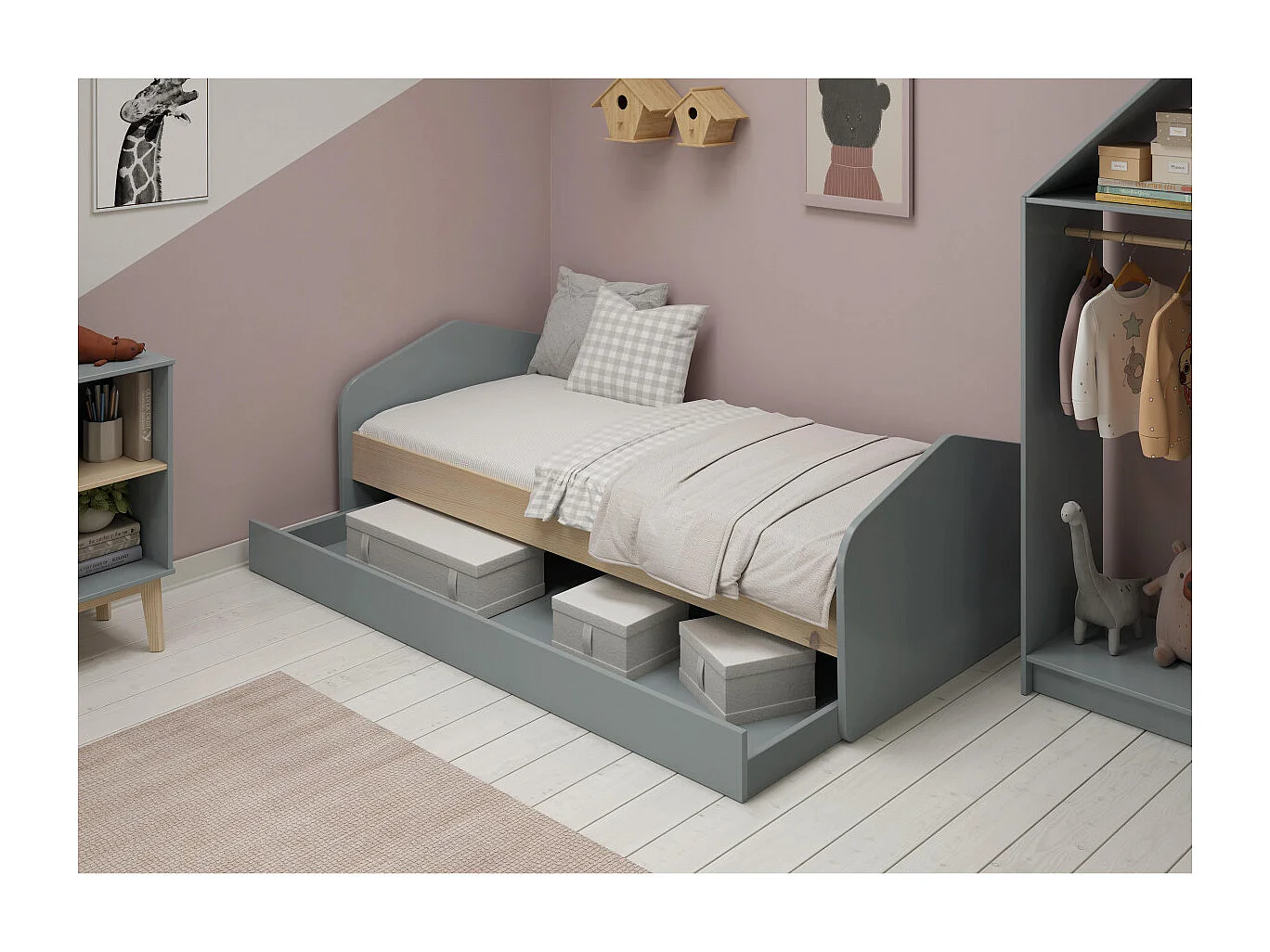 KAINA - Lit 90x200cm avec Tiroir en MDF et Pin Coloris Gris Vert et Naturel