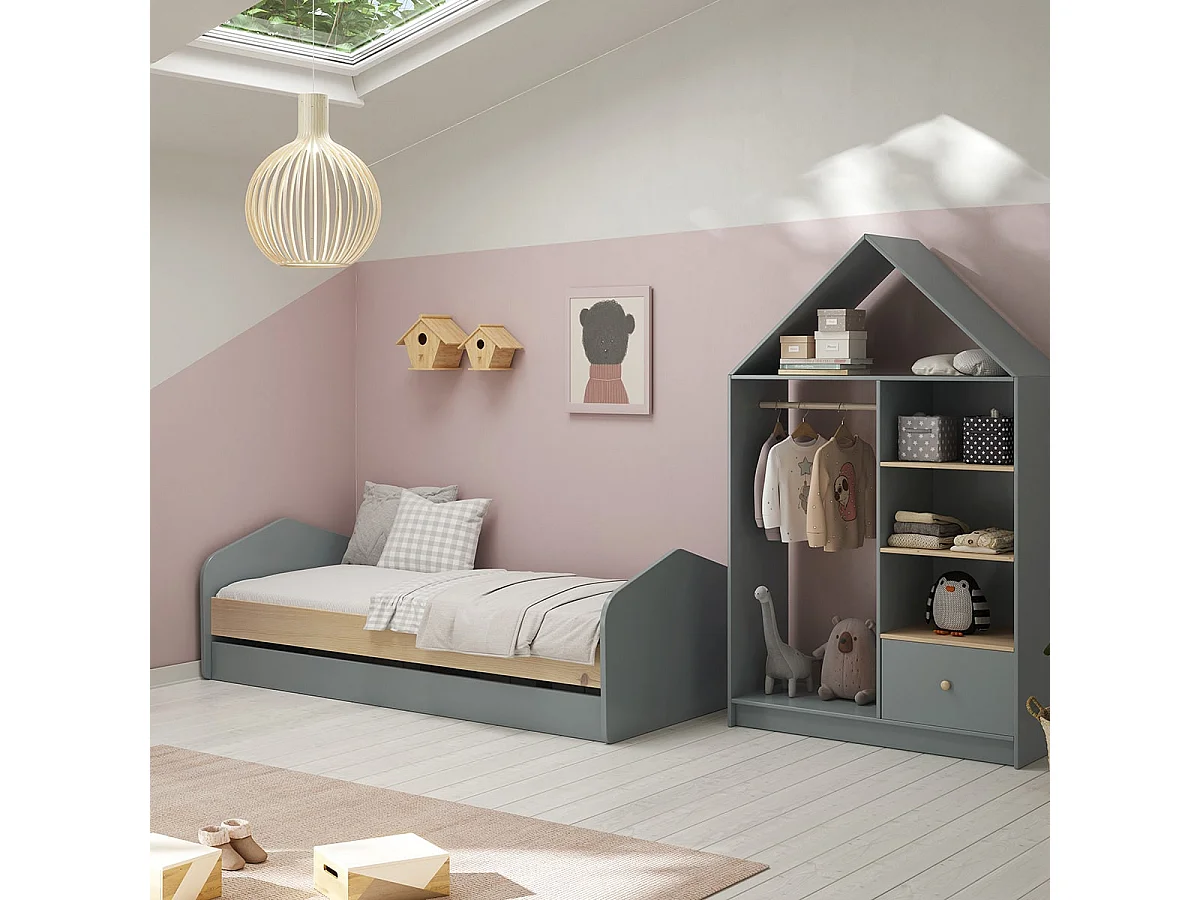 KAINA - Lit 90x200cm avec Tiroir en MDF et Pin Coloris Gris Vert et Naturel