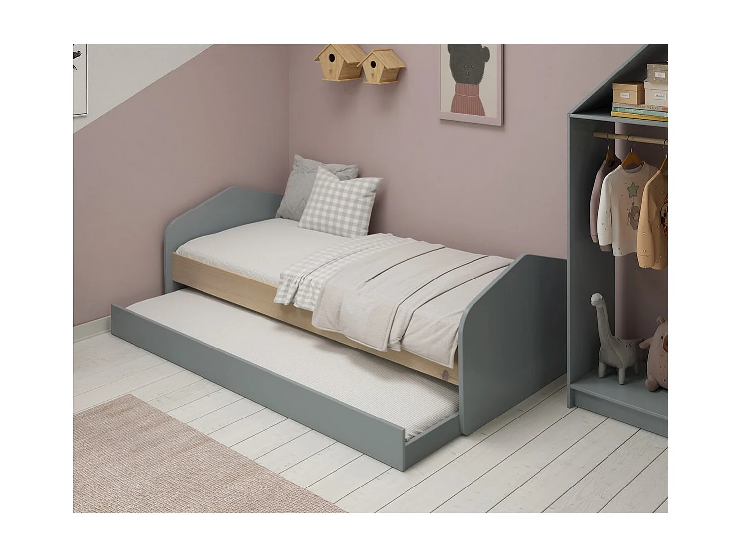 KAINA - Lit 90x200cm avec Tiroir en MDF et Pin Coloris Gris Vert et Naturel