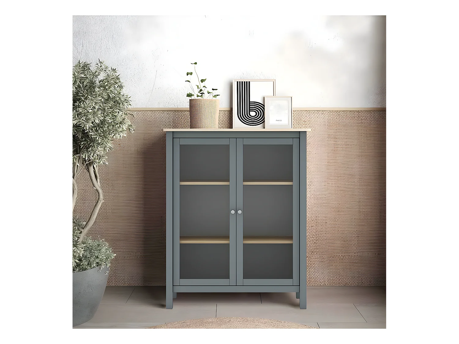 MAKS - Vitrine Basse 2 Portes en Pin Massif Vert Céladon