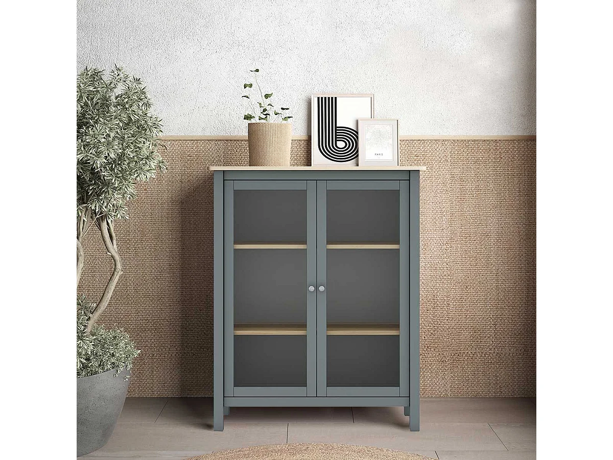 MAKS - Vitrine Basse 2 Portes en Pin Massif Vert Céladon