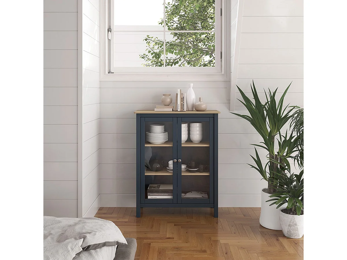 MAKS - Vitrine Basse 2 Portes en Pin Massif Bleu Marine