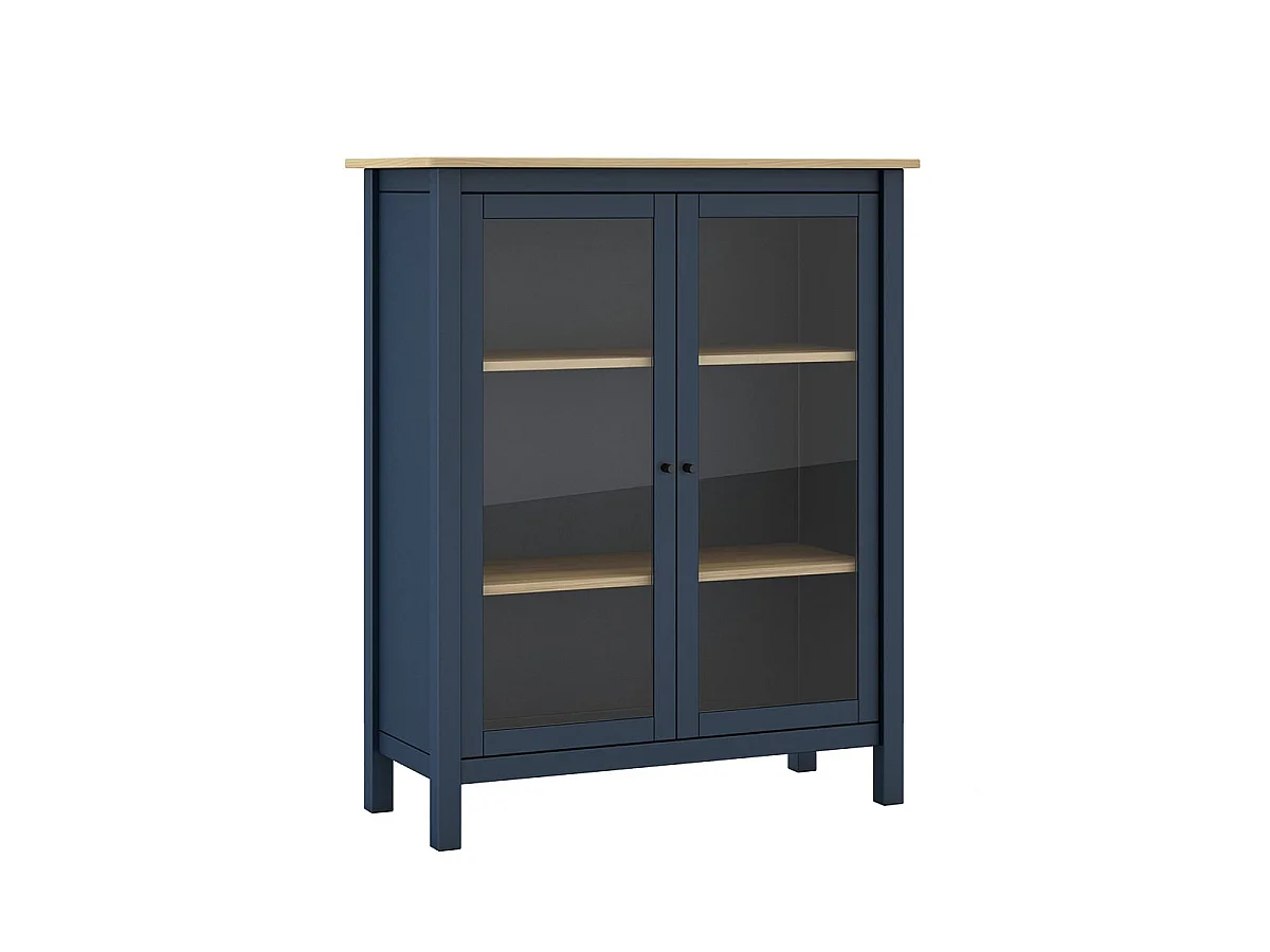 MAKS - Vitrine Basse 2 Portes en Pin Massif Bleu Marine