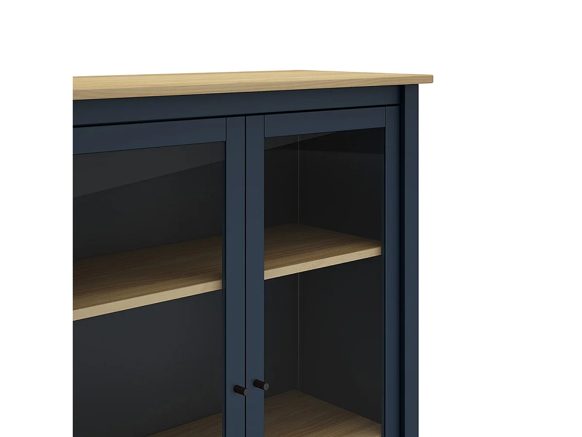 MAKS - Vitrine Basse 2 Portes en Pin Massif Bleu Marine