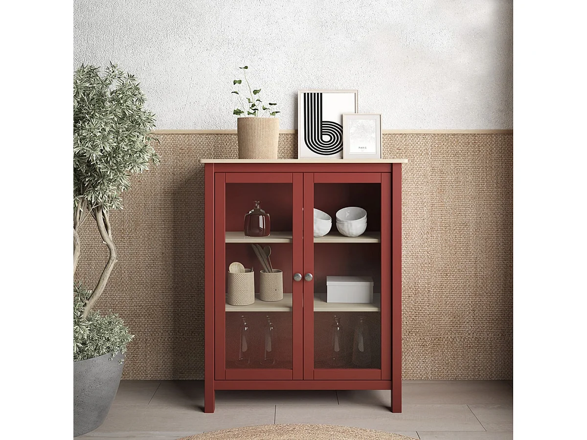 MAKS - Vitrine Basse 2 Portes en Pin Massif Bordeaux