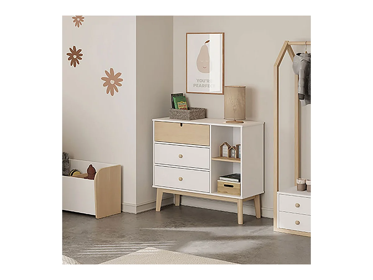 KAINA - Commode 3 Tiroirs 2 Niches MDF et Pin Coloris Blanc et Naturel