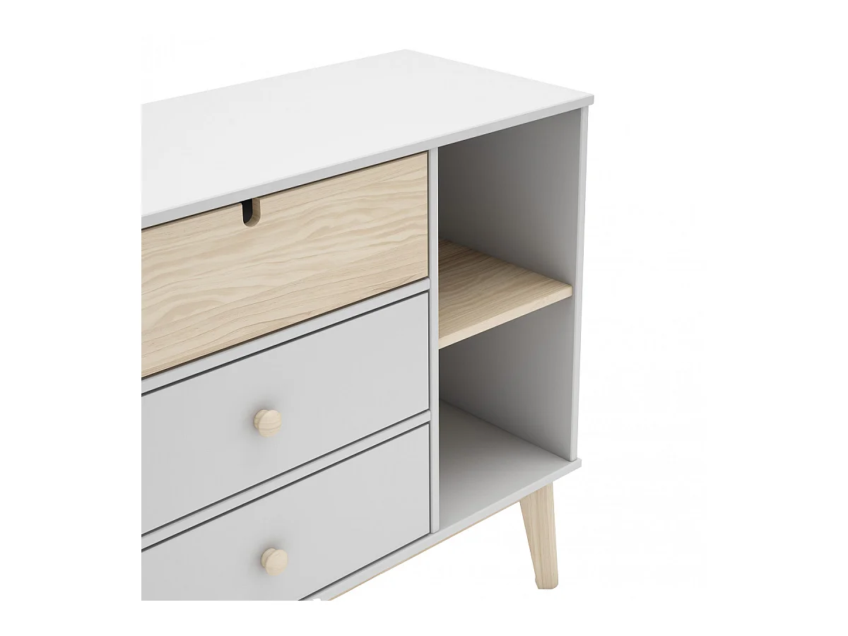 KAINA - Commode 3 Tiroirs 2 Niches MDF et Pin Coloris Blanc et Naturel