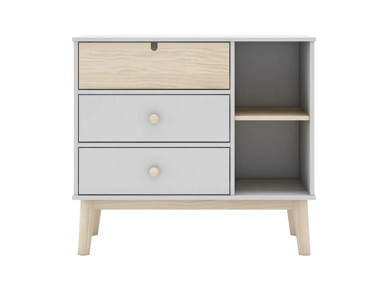 KAINA - Commode 3 Tiroirs 2 Niches MDF et Pin Coloris Blanc et Naturel
