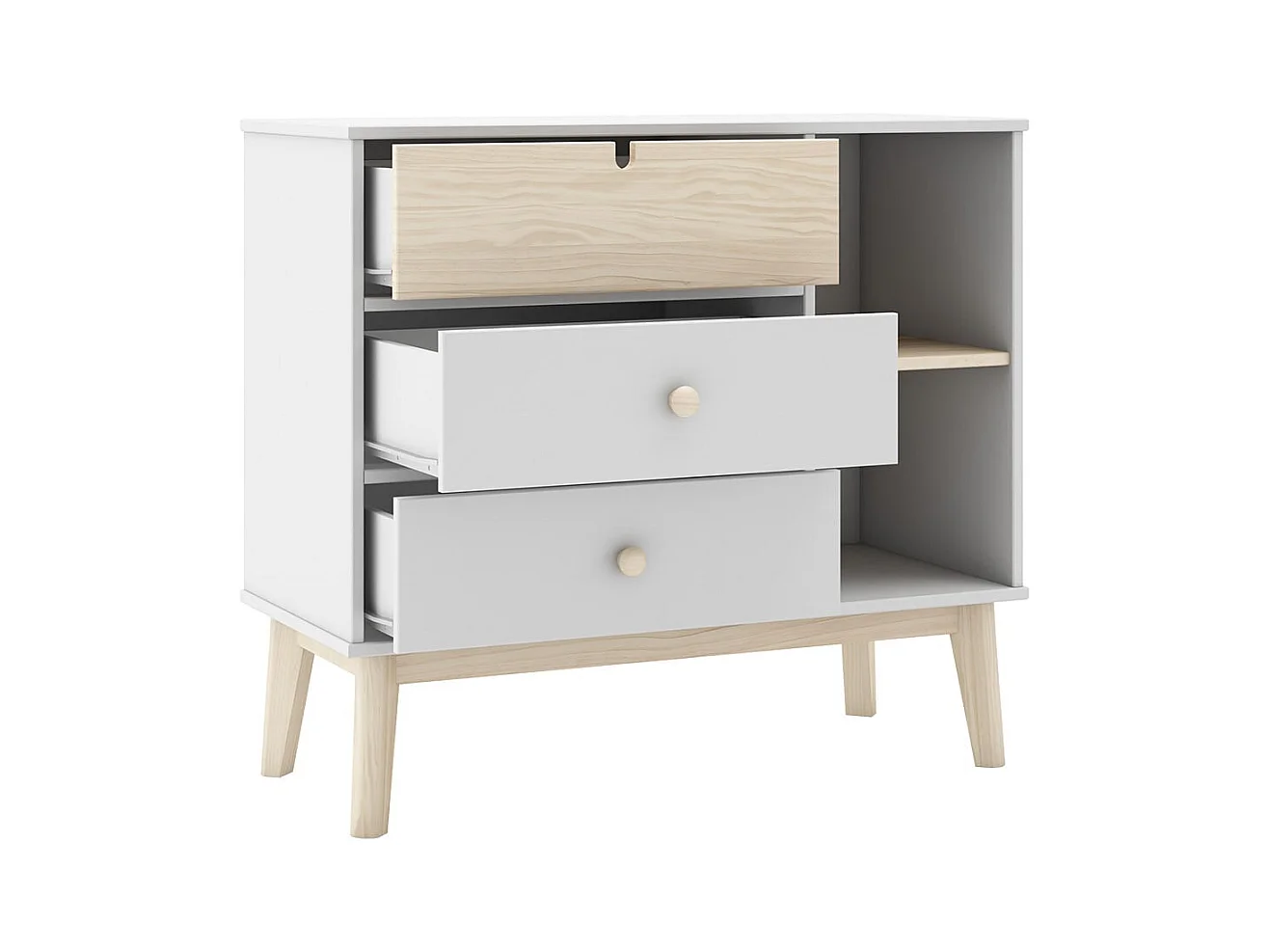 KAINA - Commode 3 Tiroirs 2 Niches MDF et Pin Coloris Blanc et Naturel