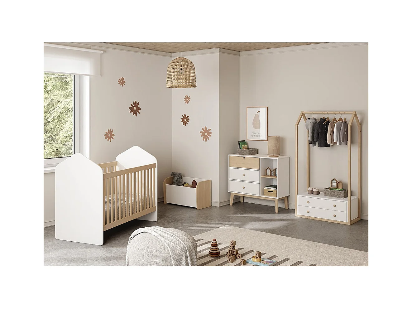 KAINA - Commode 3 Tiroirs 2 Niches MDF et Pin Coloris Blanc et Naturel