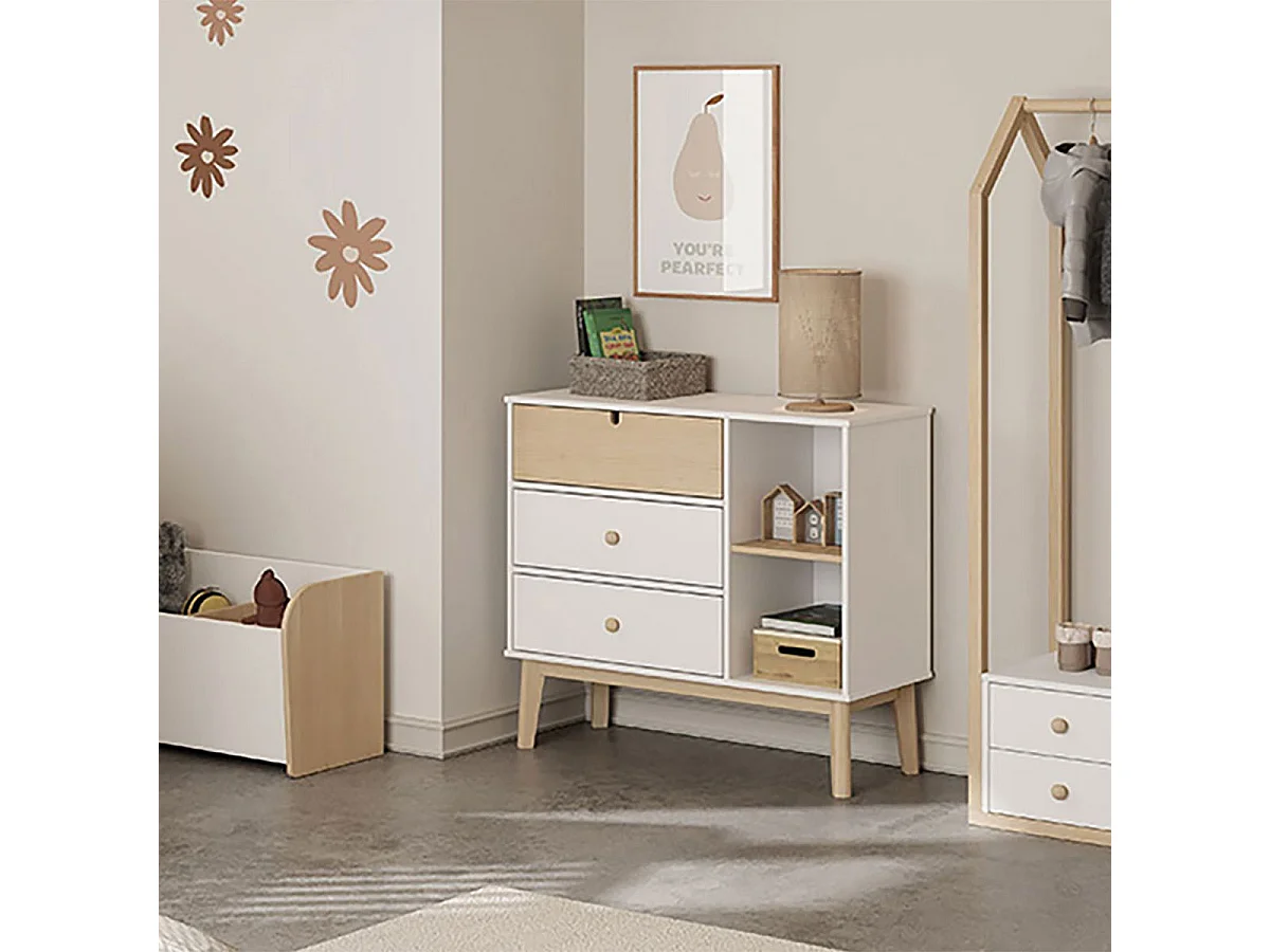 KAINA - Commode 3 Tiroirs 2 Niches MDF et Pin Coloris Blanc et Naturel