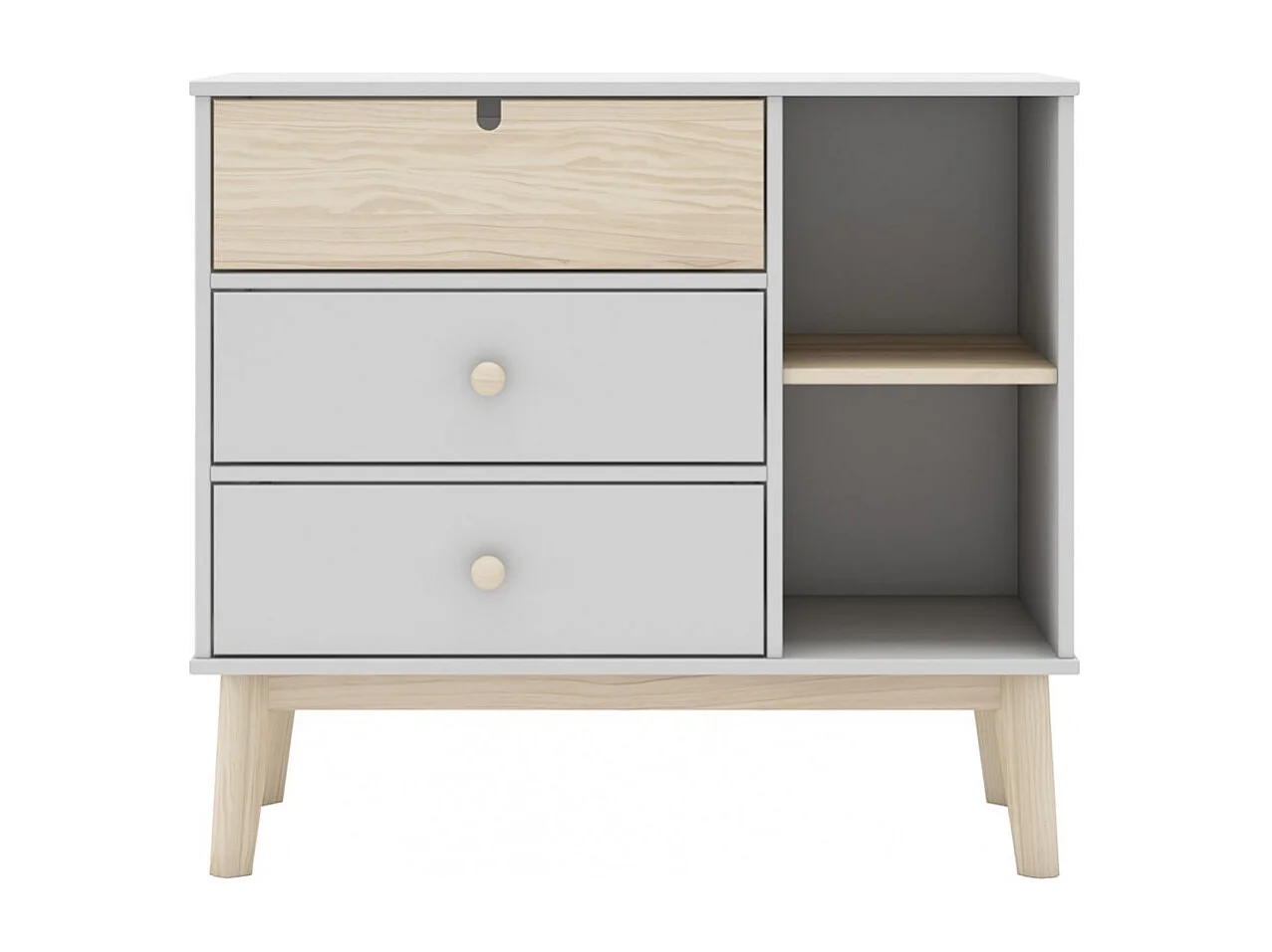 KAINA - Commode 3 Tiroirs 2 Niches MDF et Pin Coloris Blanc et Naturel
