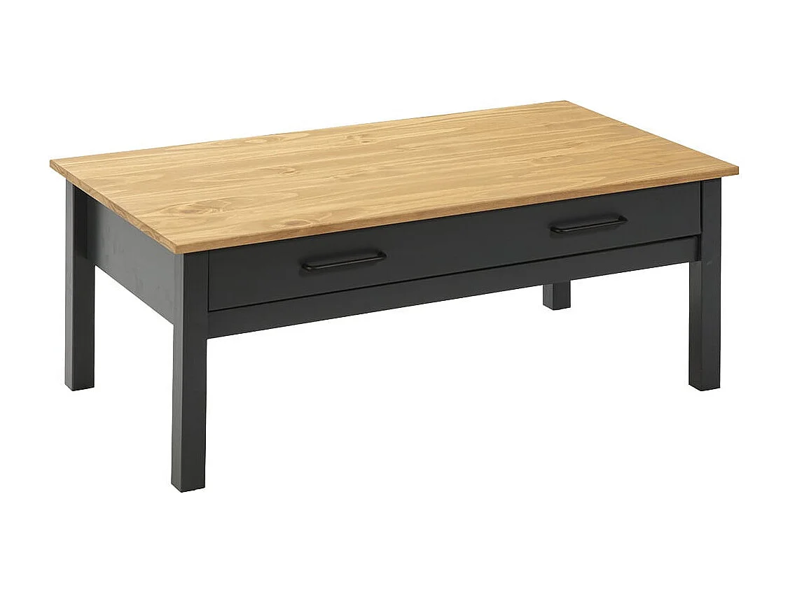 TINA - Table Basse Rectangulaire 1 Tiroir Bois Ciré et Bleu Pétrole