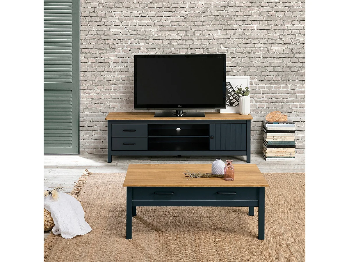 TINA - Table Basse Rectangulaire 1 Tiroir Bois Ciré et Bleu Pétrole