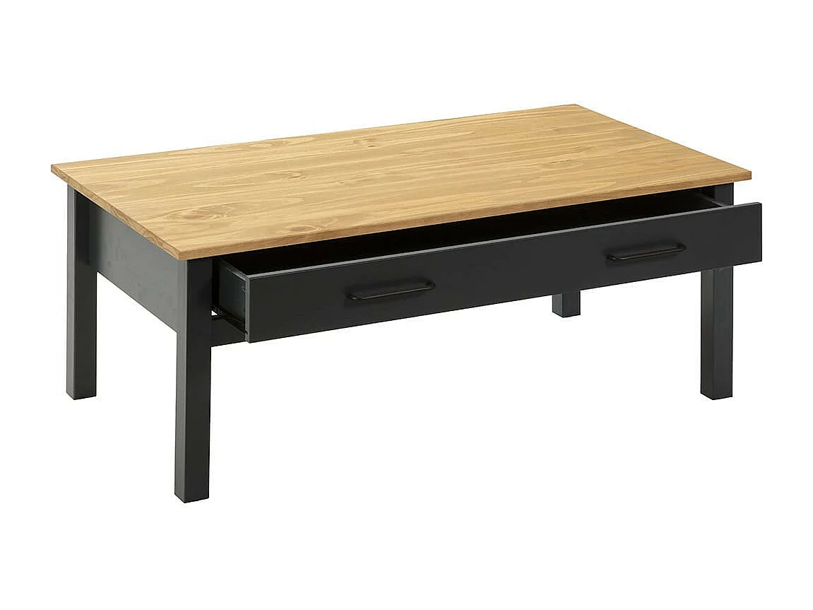 TINA - Table Basse Rectangulaire 1 Tiroir Bois Ciré et Bleu Pétrole