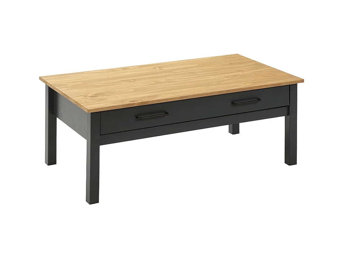 TINA - Table Basse Rectangulaire 1 Tiroir Bois Ciré et Bleu Pétrole