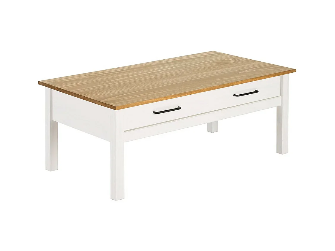 TINA - Table Basse Rectangulaire 1 Tiroir Bois Ciré et Blanc