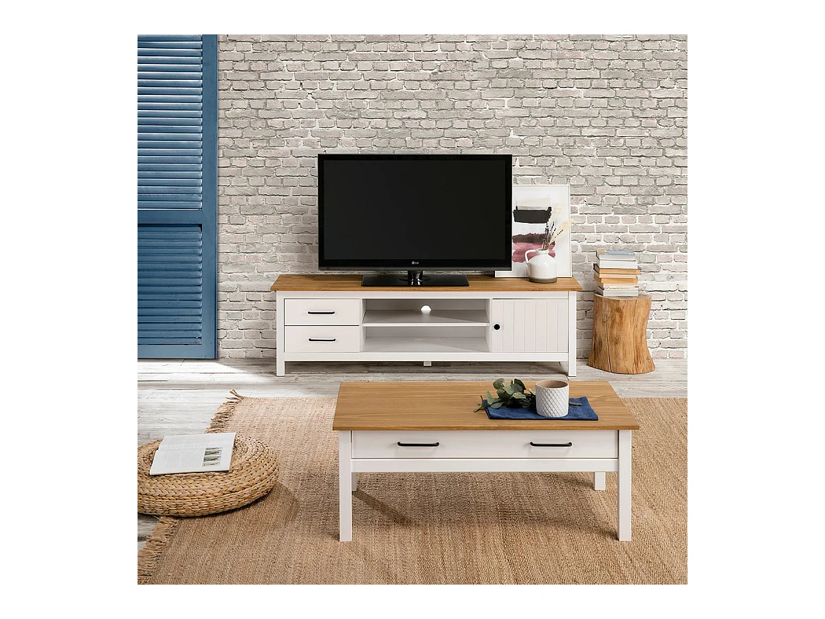 TINA - Table Basse Rectangulaire 1 Tiroir Bois Ciré et Blanc