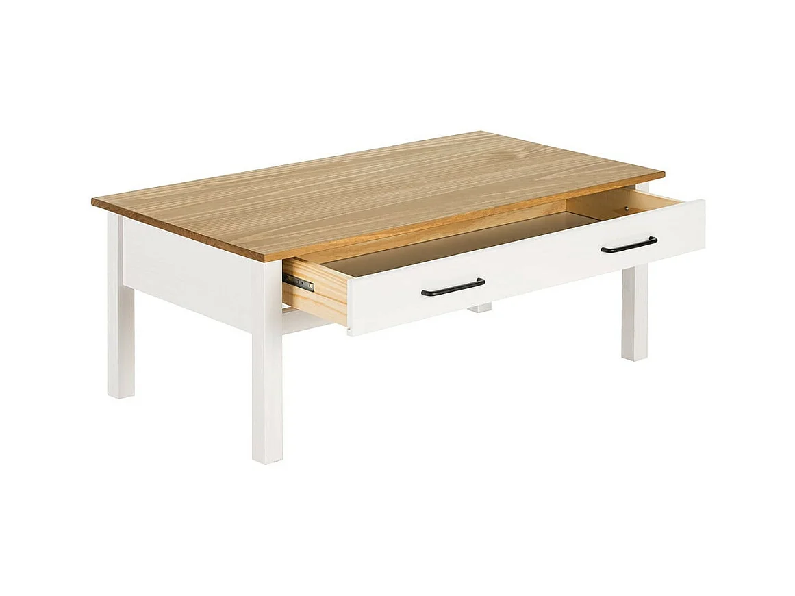 TINA - Table Basse Rectangulaire 1 Tiroir Bois Ciré et Blanc