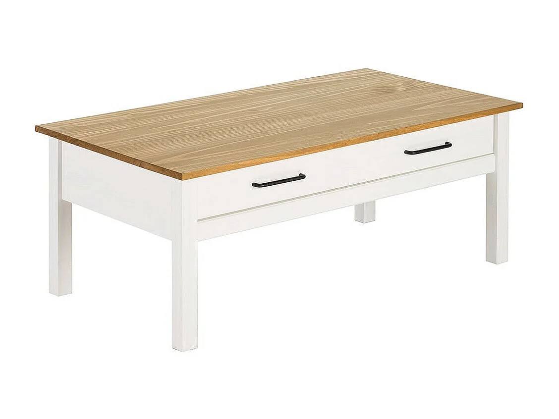TINA - Table Basse Rectangulaire 1 Tiroir Bois Ciré et Blanc