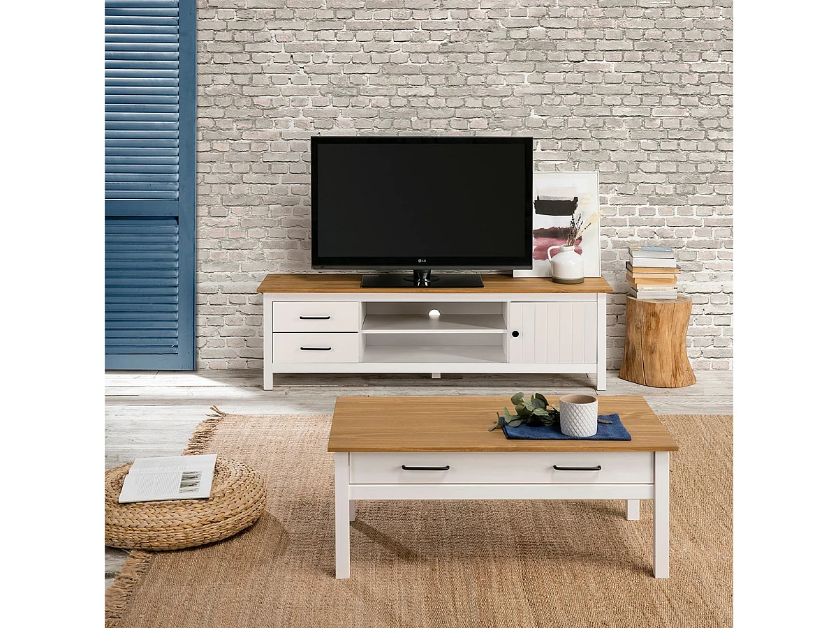 TINA - Table Basse Rectangulaire 1 Tiroir Bois Ciré et Blanc