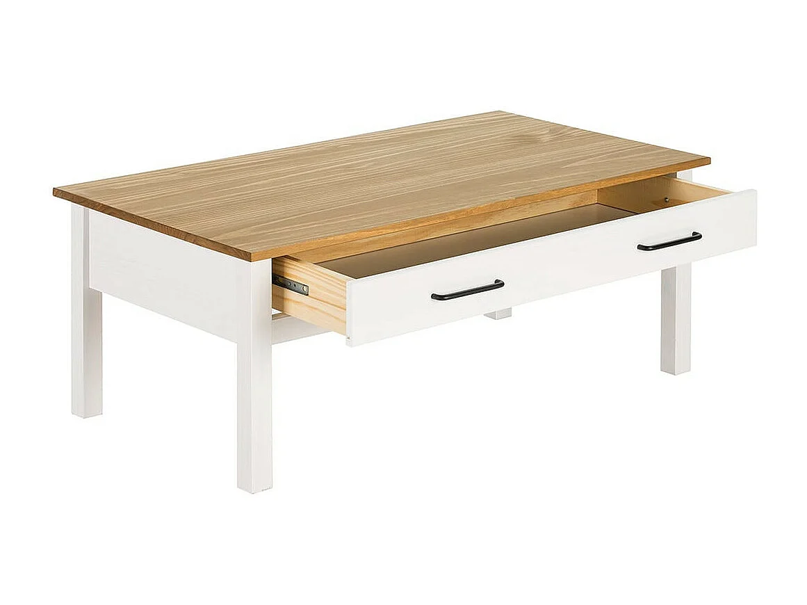 TINA - Table Basse Rectangulaire 1 Tiroir Bois Ciré et Blanc