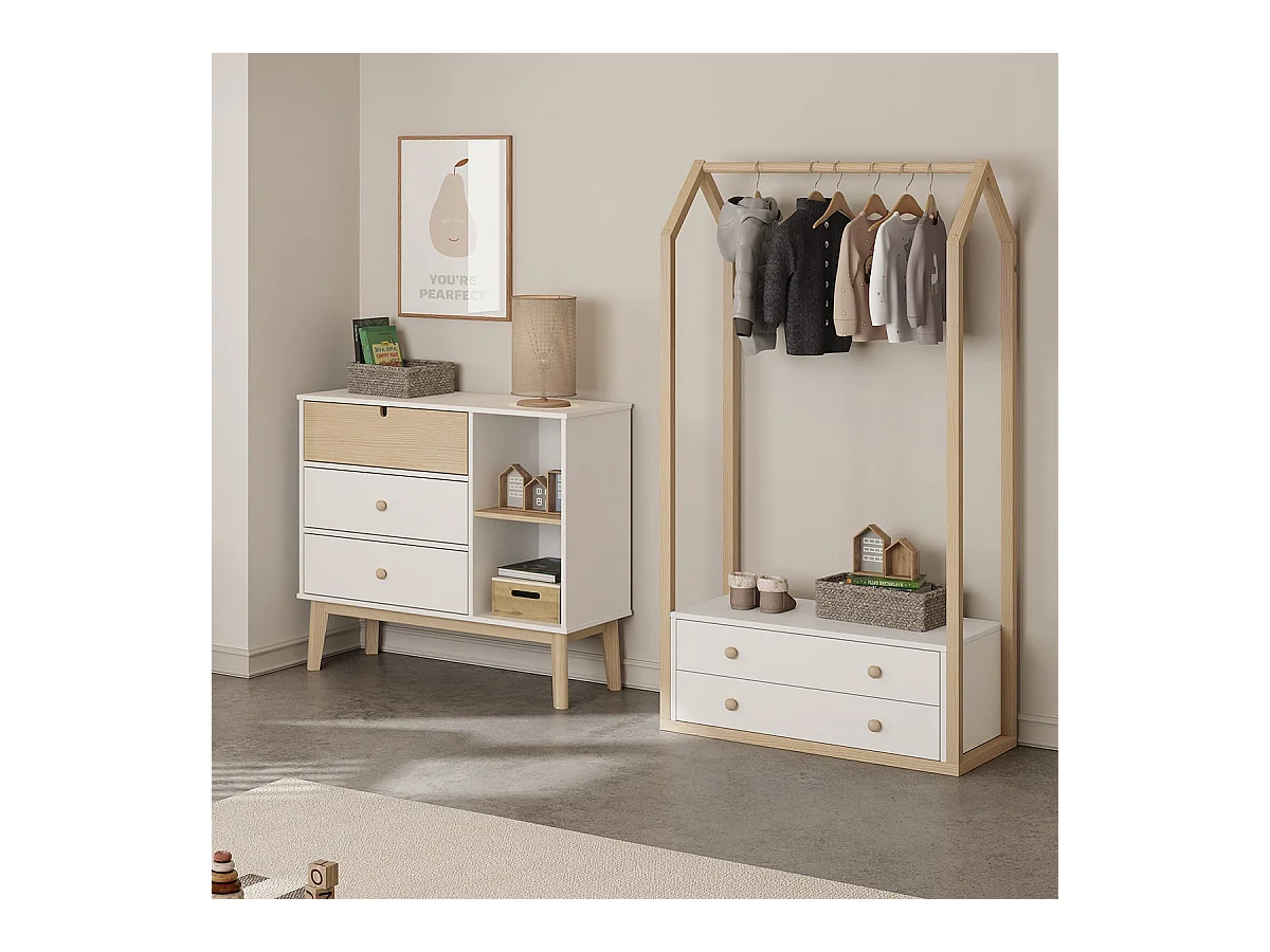 KAINA - Penderie 2 Tiroirs en MDF et Pin Coloris Blanc et Naturel