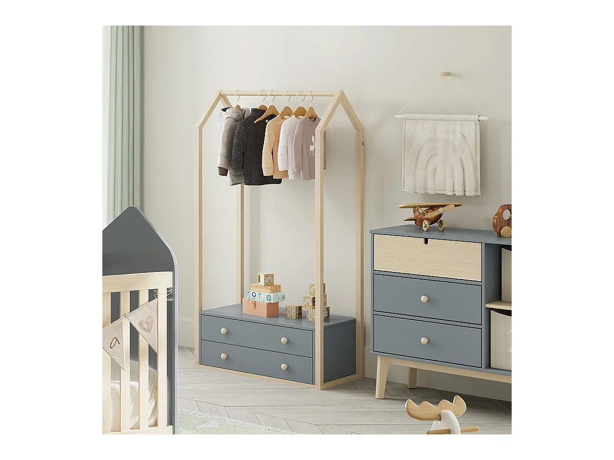 KAINA - Penderie 2 Tiroirs en MDF et Pin Coloris Gris Vert et Naturel