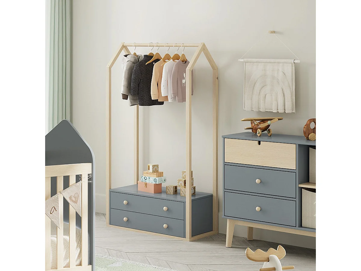 KAINA - Penderie 2 Tiroirs en MDF et Pin Coloris Gris Vert et Naturel