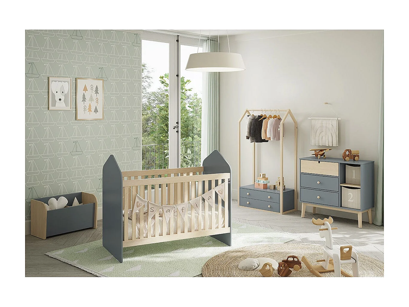 KAINA - Penderie 2 Tiroirs en MDF et Pin Coloris Gris Vert et Naturel