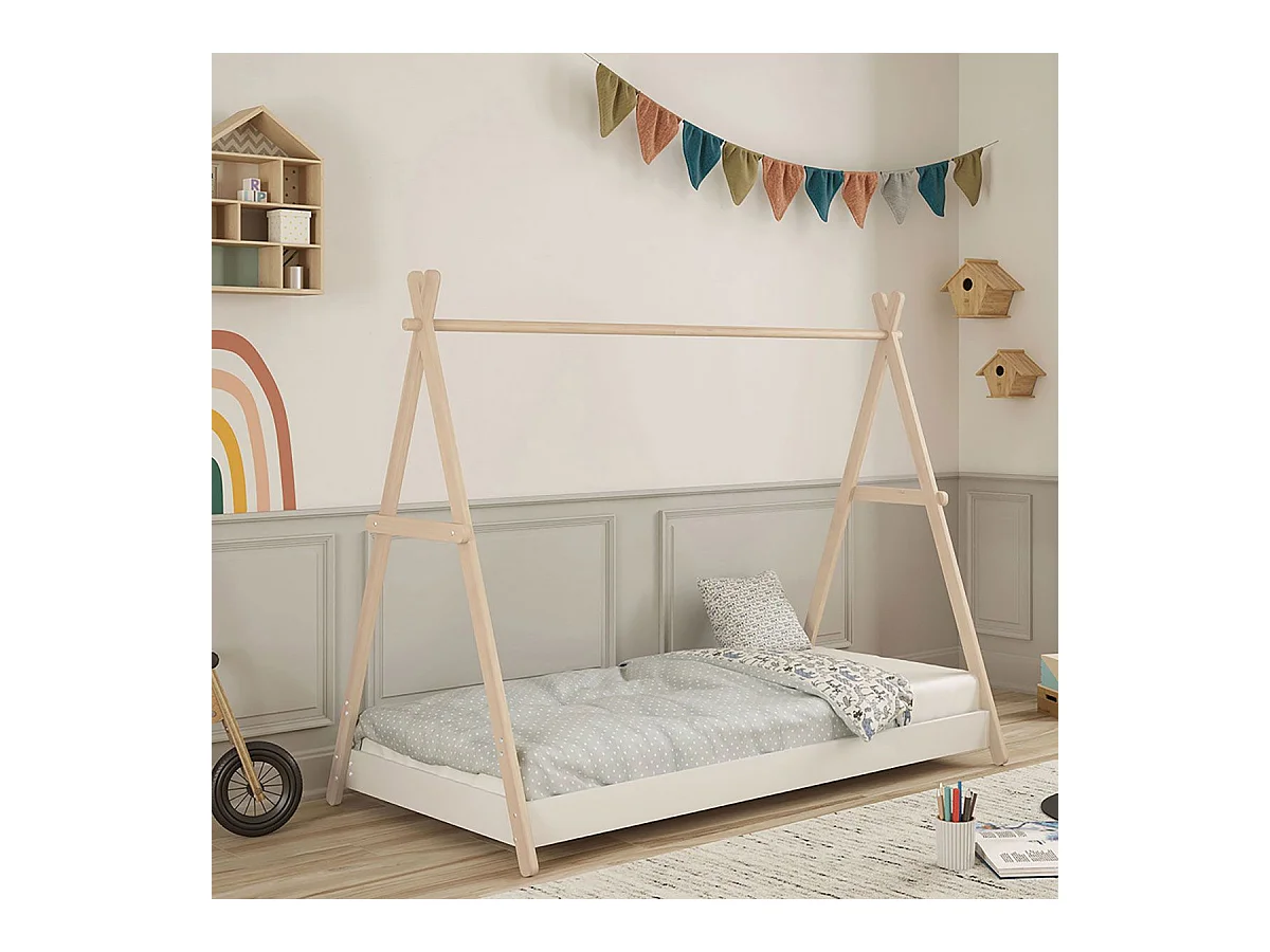 KANOA - Lit Tipi 90x200cm Hauteur Réglable en MDF et Pin Coloris Blanc