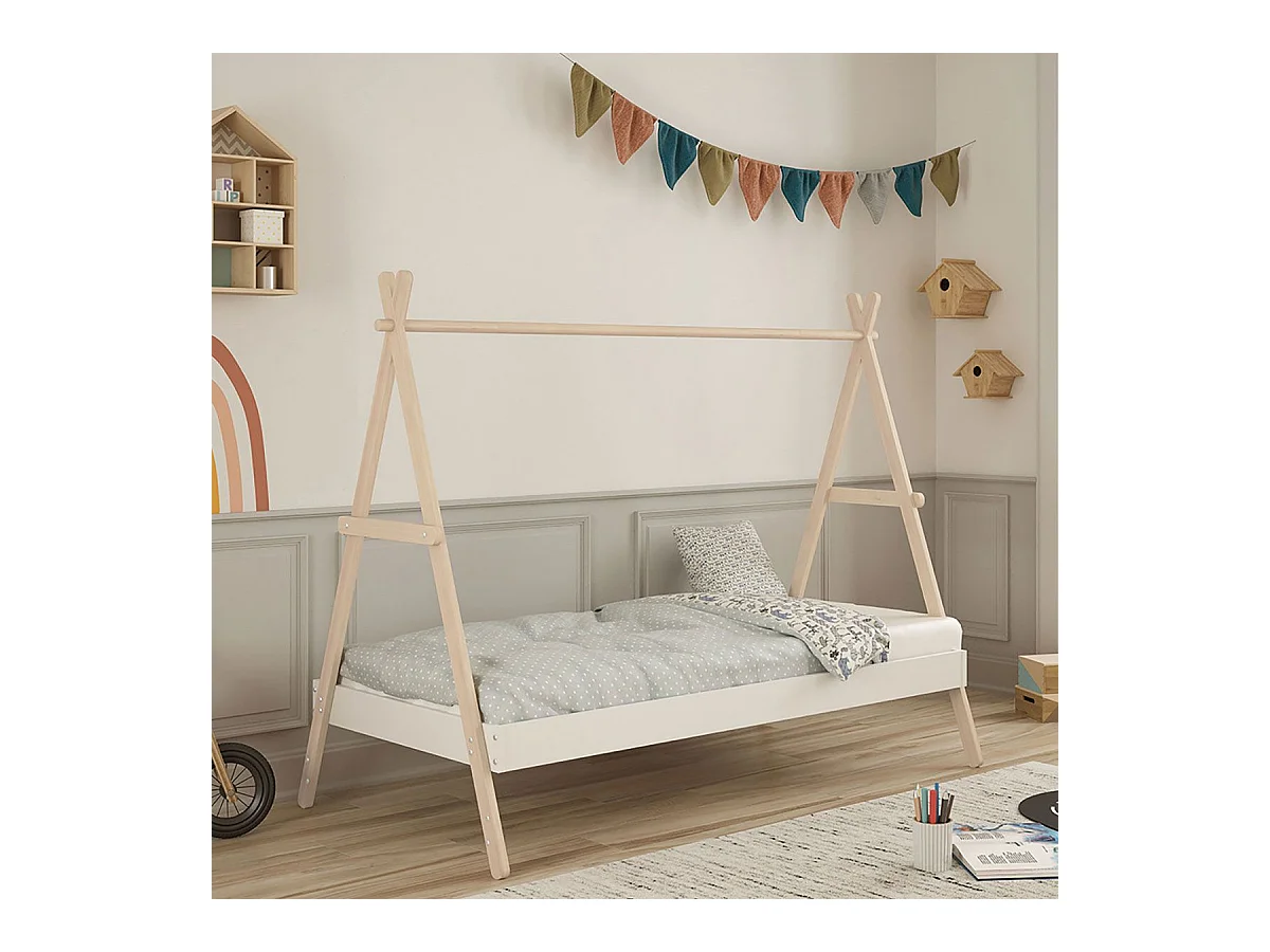 KANOA - Lit Tipi 90x200cm Hauteur Réglable en MDF et Pin Coloris Blanc