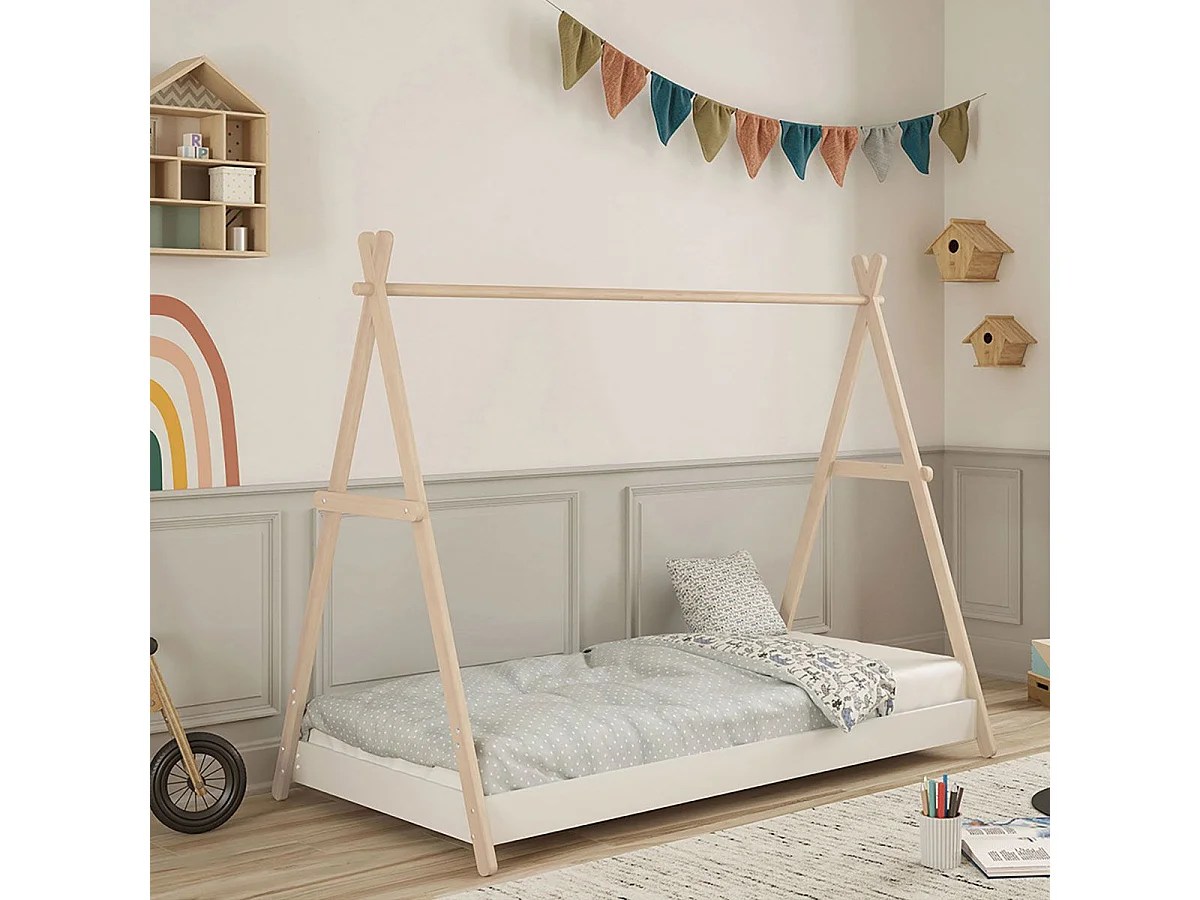 KANOA - Lit Tipi 90x200cm Hauteur Réglable en MDF et Pin Coloris Blanc