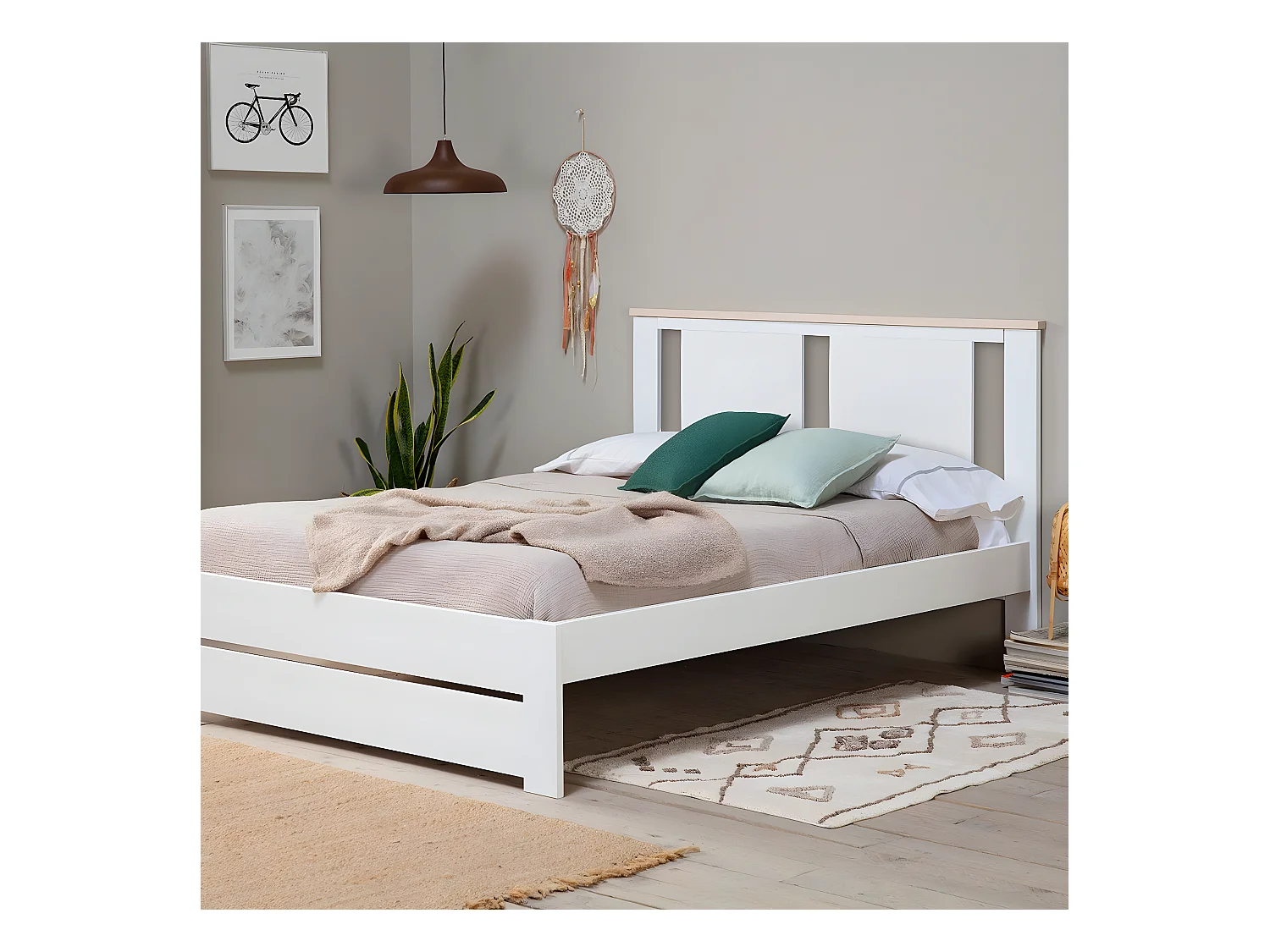 EMORI - Lit 140x190cm Ajouré MDF et Pin Coloris Blanc et Effet Chêne