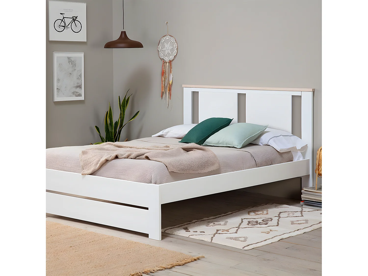 EMORI - Lit 140x190cm Ajouré MDF et Pin Coloris Blanc et Effet Chêne