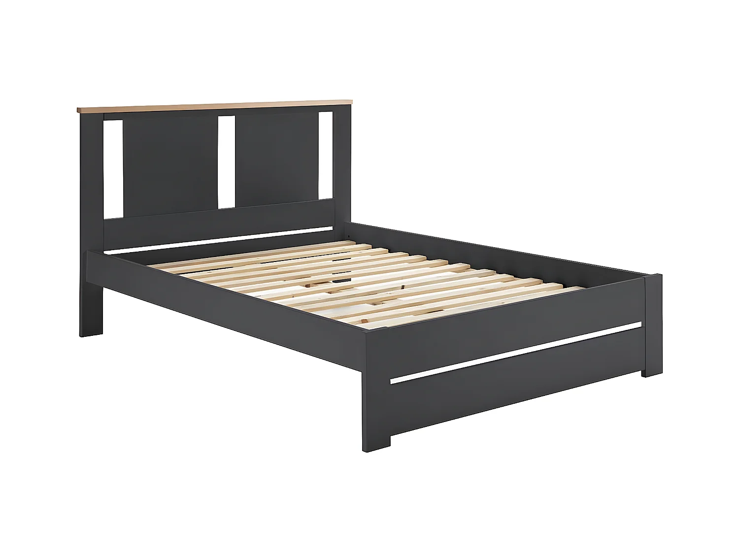 EMORI - Lit 140x190cm Ajouré MDF et Pin Coloris Anthracite et Effet Chêne