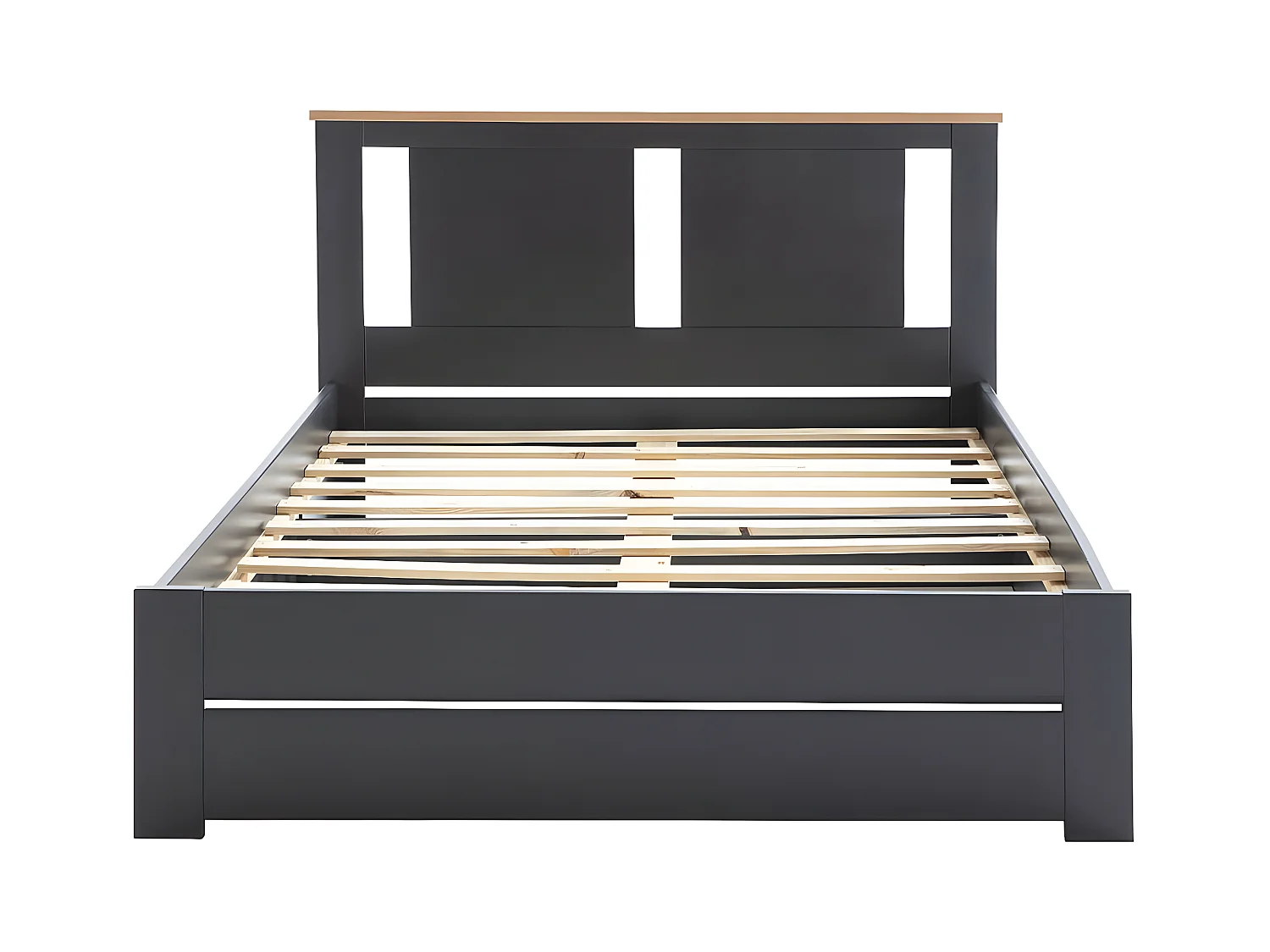 EMORI - Lit 140x190cm Ajouré MDF et Pin Coloris Anthracite et Effet Chêne