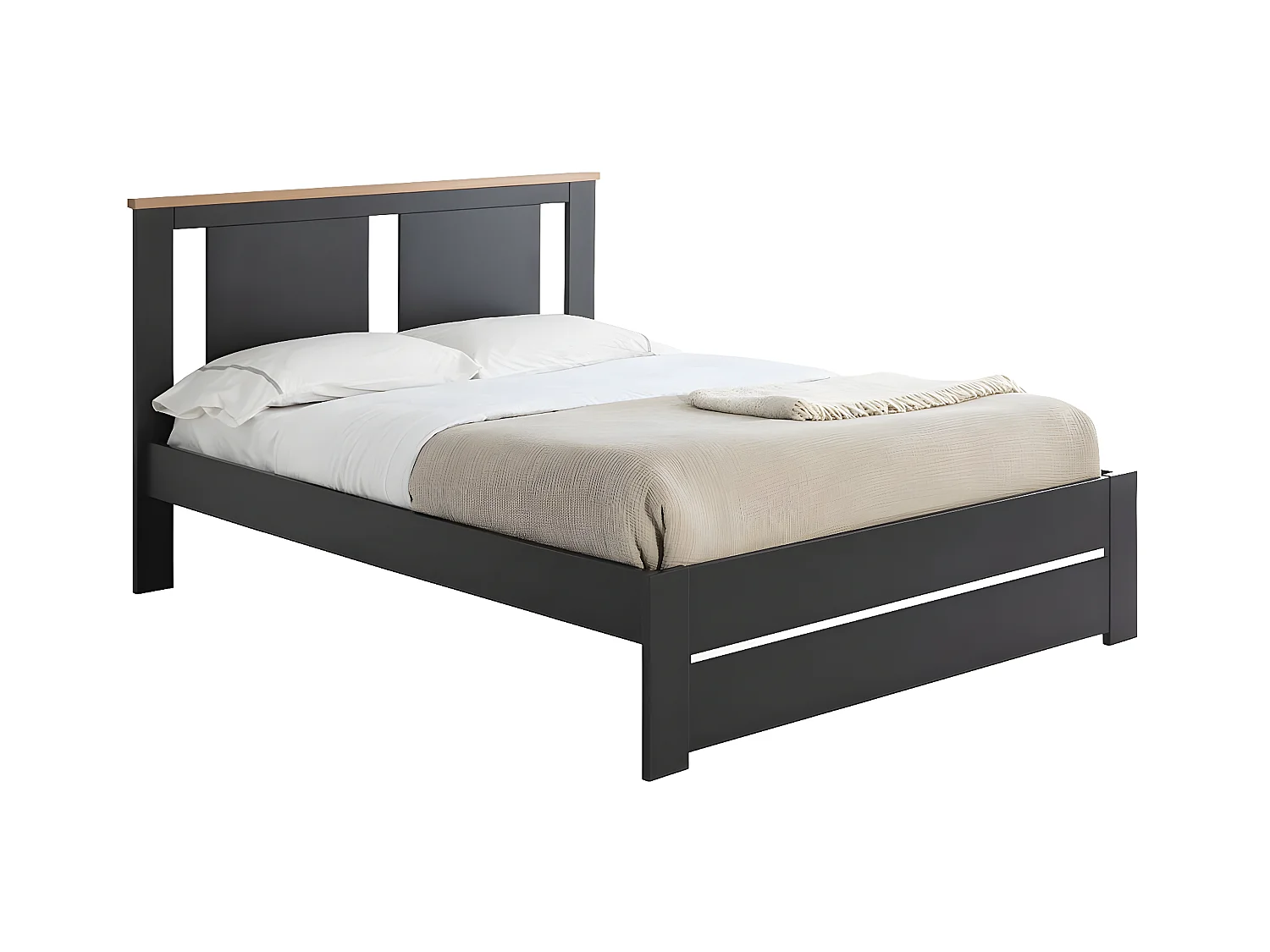 EMORI - Lit 140x190cm Ajouré MDF et Pin Coloris Anthracite et Effet Chêne