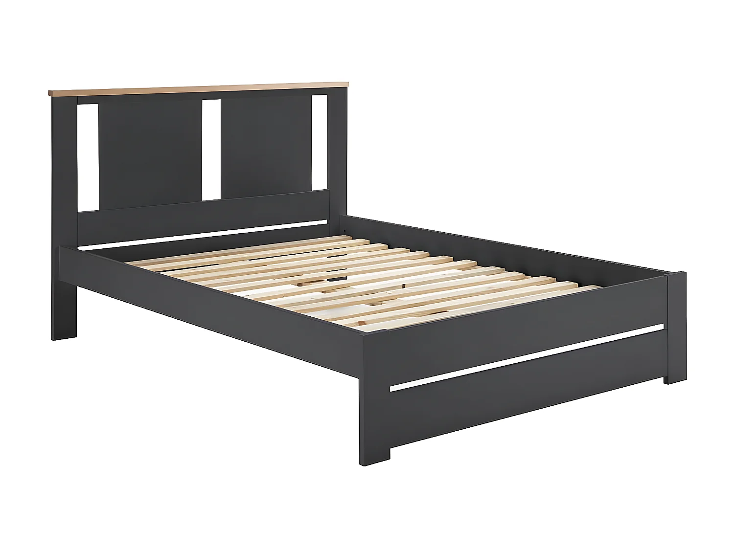 EMORI - Lit 140x190cm Ajouré MDF et Pin Coloris Anthracite et Effet Chêne