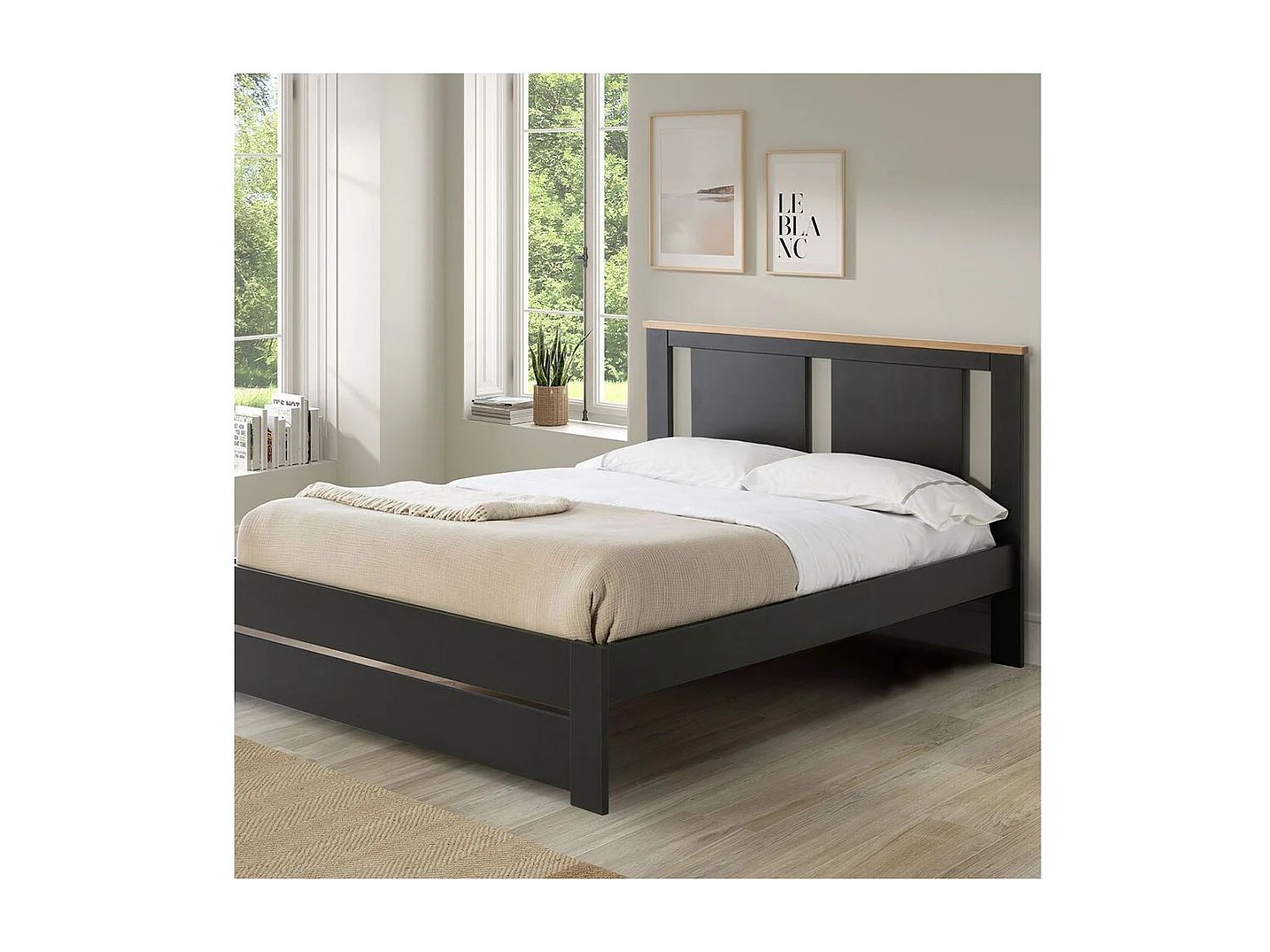 EMORI - Lit 140x190cm Ajouré MDF et Pin Coloris Anthracite et Effet Chêne