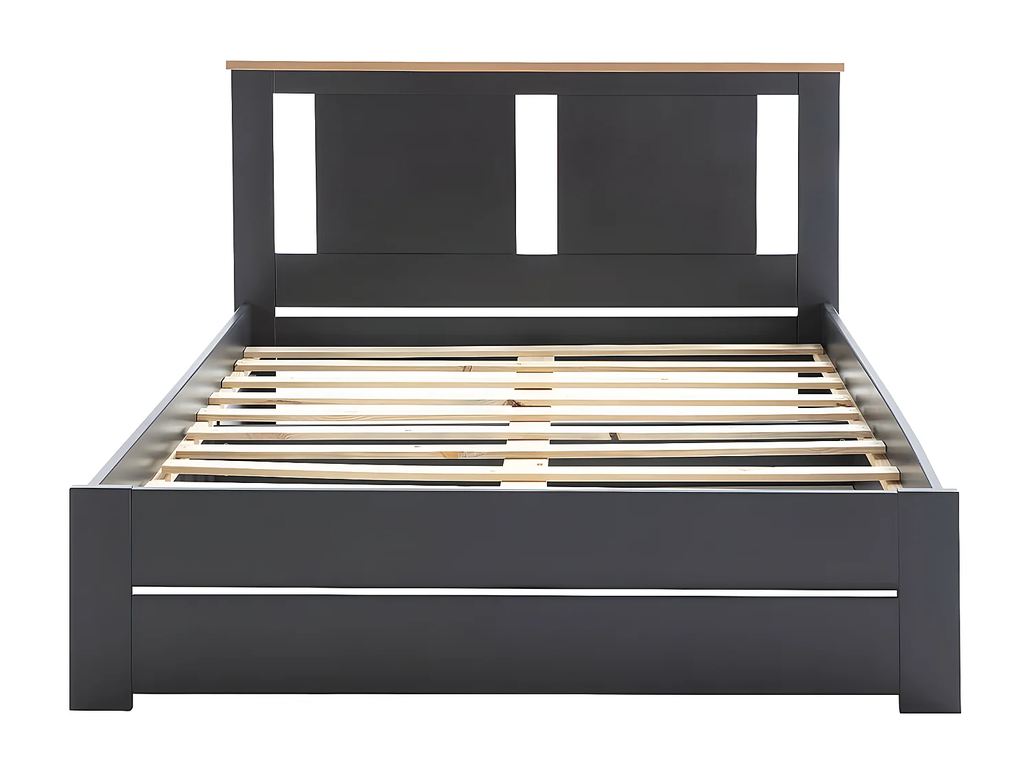 EMORI - Lit 140x190cm Ajouré MDF et Pin Coloris Anthracite et Effet Chêne
