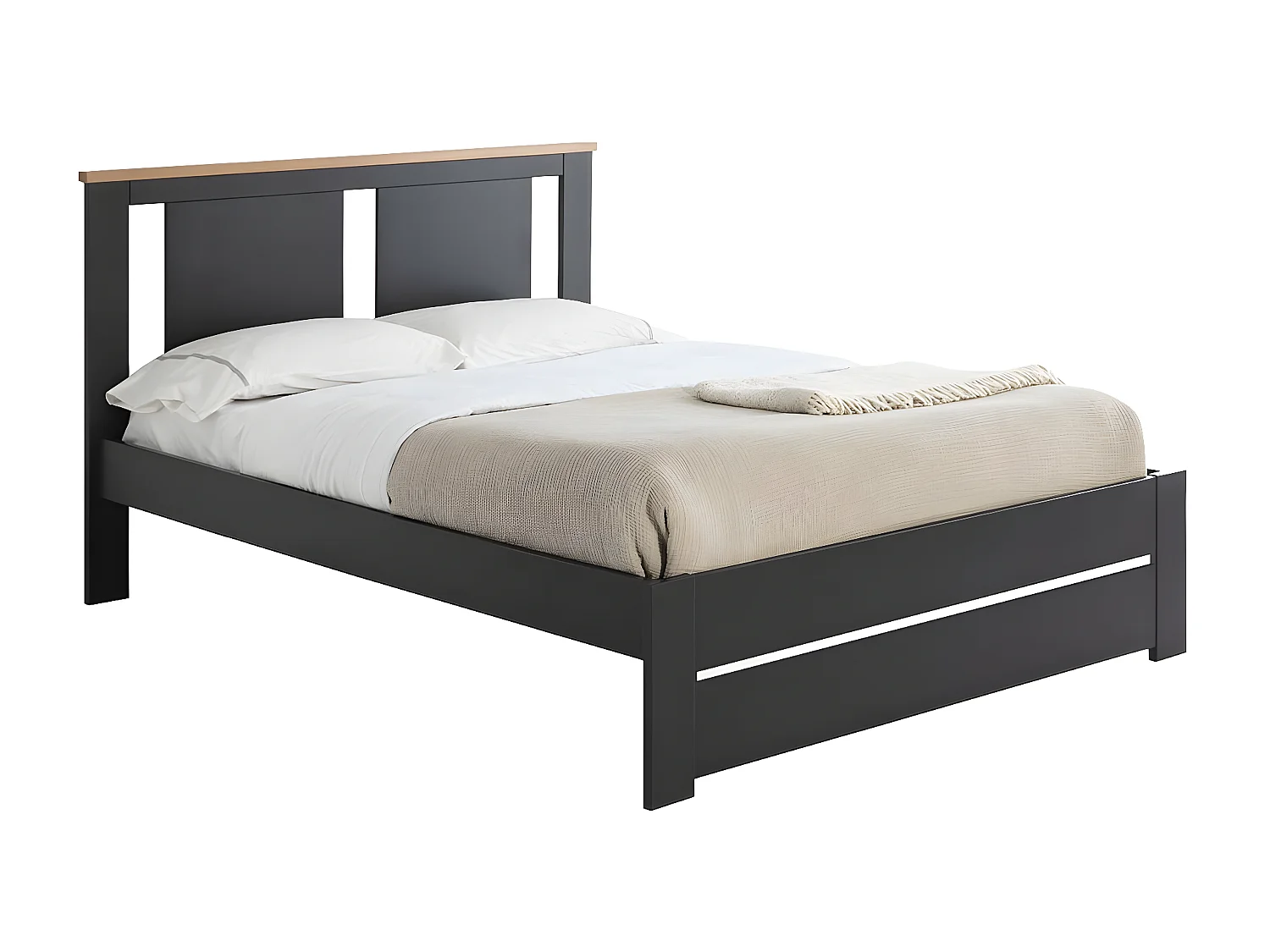 EMORI - Lit 140x190cm Ajouré MDF et Pin Coloris Anthracite et Effet Chêne