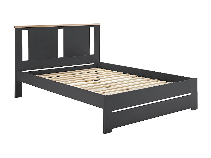 EMORI - Lit 140x190cm Ajouré MDF et Pin Coloris Anthracite et Effet Chêne