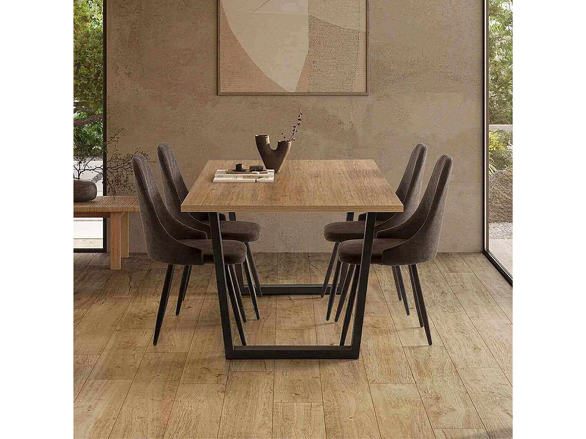 MICAT - Lot de 4 Chaises Tissu Gris Antracite 3 Lignes Surpiquées Pieds Métal Noir