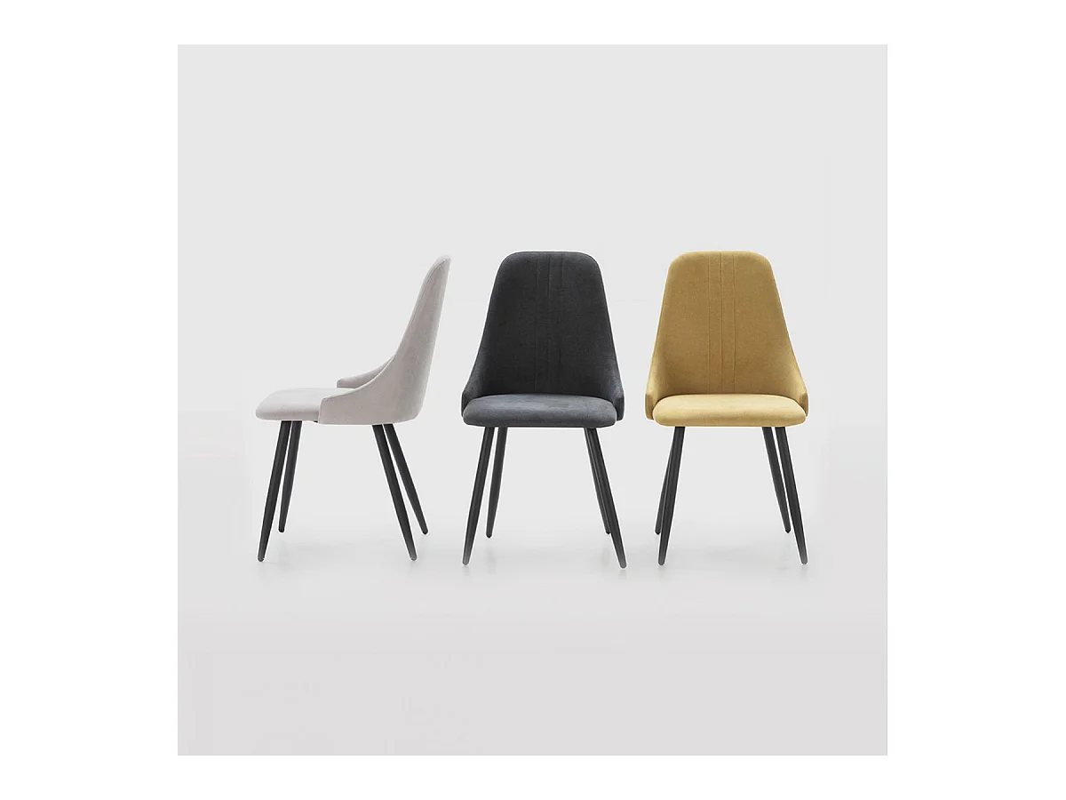 MICAT - Lot de 4 Chaises Tissu Gris Clair 3 Lignes Surpiquées Pieds Métal Noir