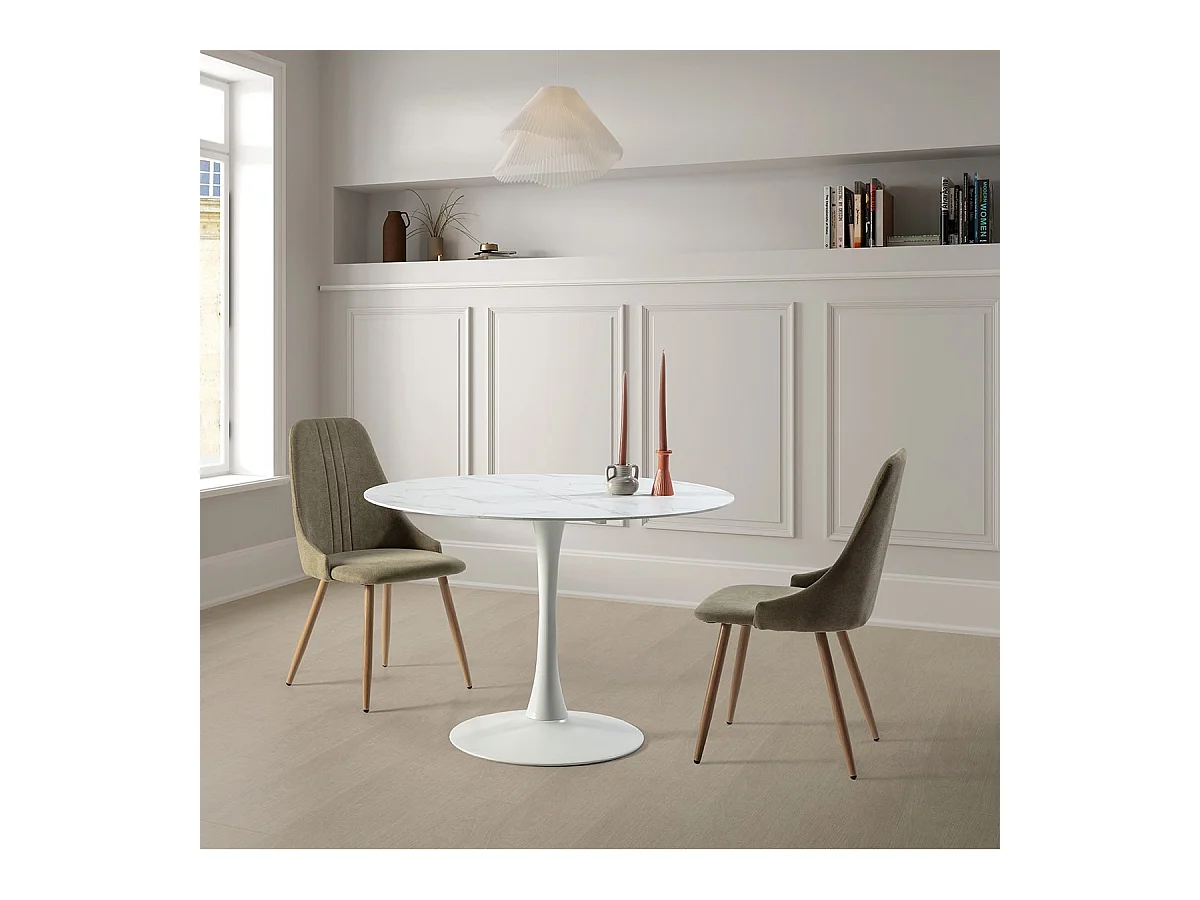 MICAT - Lot de 4 Chaises Tissu Vert 3 Lignes Surpiquées Pieds Métal Effet Bois