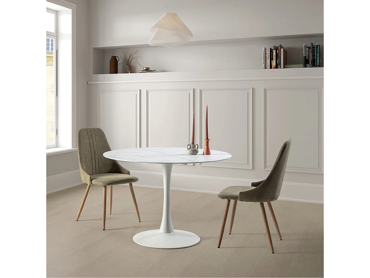 MICAT - Lot de 4 Chaises Tissu Vert 3 Lignes Surpiquées Pieds Métal Effet Bois